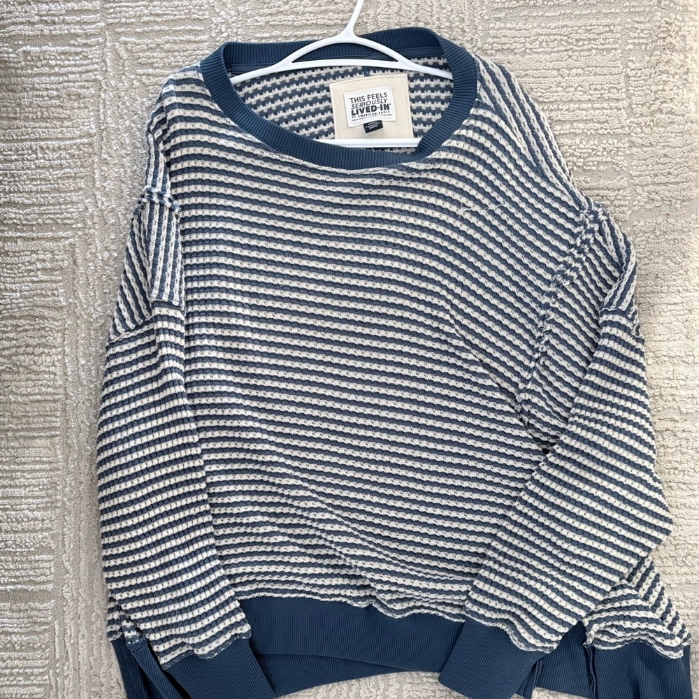 American Eagle Outfitters Blue and White Off-the-Shoulder Sweater